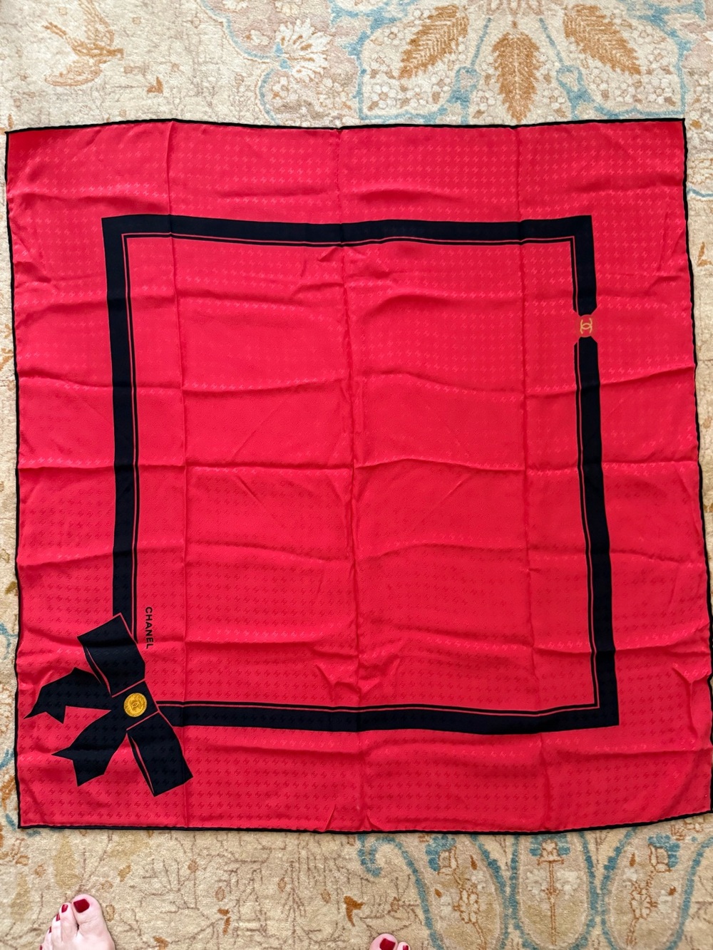 Authentic CHANEL vintage 80s RARE CC LOGO jacquard base  red silk scarf